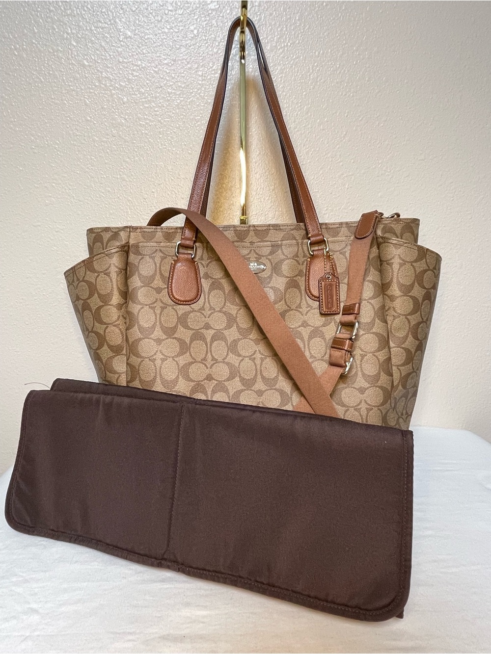 Coach Signature Baby Diaper Bag in Tan/Brown (F35414) with Changing Pad